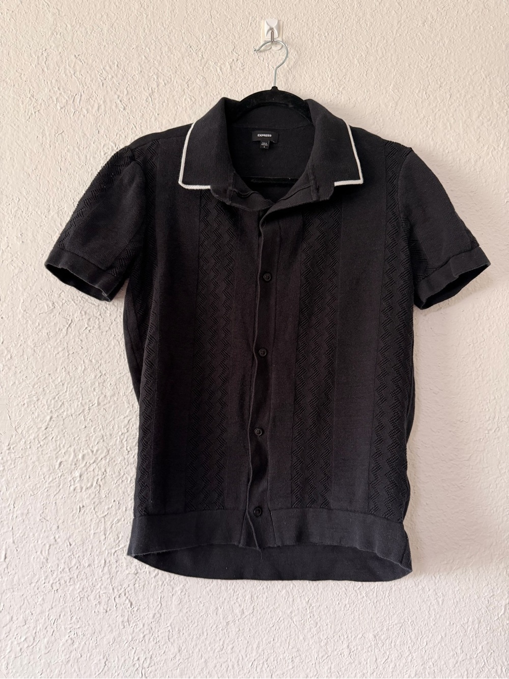 Express Black Short-Sleeve Button-Up Polo with White Collar Piping
